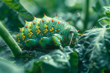A macro view of a tomato hornworm on a tomato plant, its large, green body camouflaged among the lea