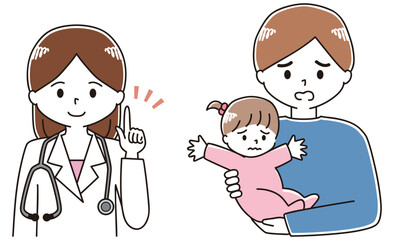 子どもを抱っこした父親が女性医師に相談するイラスト
