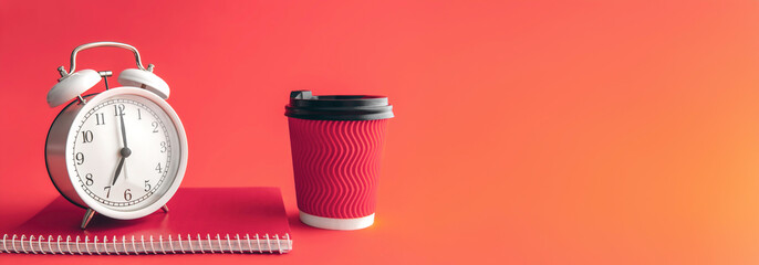 White alarm clock, paper cup and notepad on a blurred background.