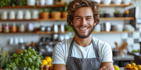 A smiling young man in an apron holds a tablet, standing isolated on a white background, using the digital device for shop management and food order. - Powered by Adobe