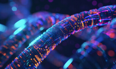 Glowing data cables and fiber optic threads create a dynamic background, representing the fast-paced nature of technology. - obrazy, fototapety, plakaty