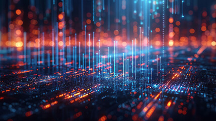 Obraz premium A futuristic financial graph, with holographic lines and data points glowing against a dark background, features a bar chart filled with vibrant blue colors representing rising objects