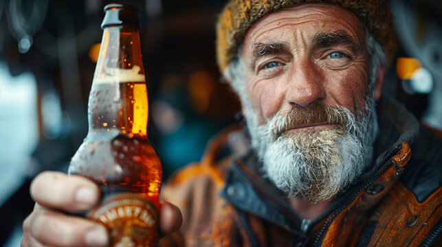 Mann, Seemann, lachen, freundlich, Kapit&auml;n, Bier, Werbung, Plakat, Bart, trinken, alkohol, m&uuml;tze, geschmack, alt, gesicht, senior, alte leute, person, reif, kopf, l&auml;cheln, auge, haar, faltig, l&auml;chelnd