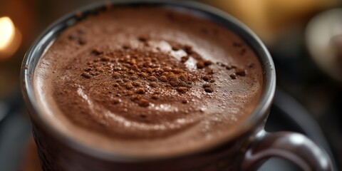 A close-up photograph capturing the warm, aromatic essence of a freshly prepared cup of hot chocolate - obrazy, fototapety, plakaty
