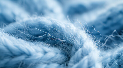Sky blue wool fibers stand out in a close-up of their soft, fluffy weave. - obrazy, fototapety, plakaty