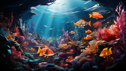 inhabitants of a coral reef, such as colorful reef fish with vibrant colors,  - obrazy, fototapety, plakaty