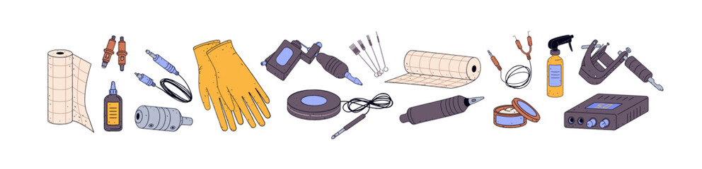 Different professional equipment and accessories for tattoo. Various supplies, tool kit, instruments: machine, needles, gloves, ink jar, spray bottle, rca. Flat isolated vector illustration on white