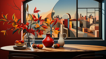 Everyday objects on a table like fruit vases on table, depicting in a Cubist style with fragmented forms and vibrant colors. Artistic illustration