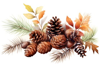 Beautiful vector image with nice watercolor autumn leaves and pine cones - obrazy, fototapety, plakaty