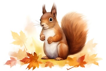Autumn squirrel. Watercolor hand drawn illustration isolated on white background