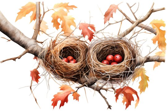 Birds nest with red berries and autumn leaves. Watercolor illustration