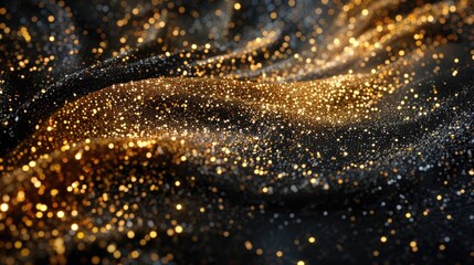 Festive background with shimmering gold sequins and beads on a glossy black surface, ideal for elegant event invitations