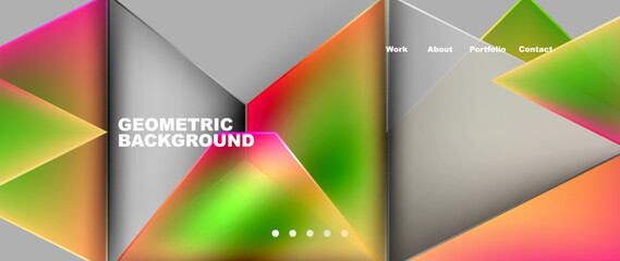 A geometric background featuring colorful triangles on a gray rectangle with liquid tints and shades. Displayed on a gadget screen with magenta accents, showcasing transparency and glasslike effects
