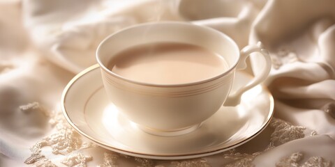A tastefully simple image of a milky tea in an elegant white teacup on a silk-draped background, evoking comfort
