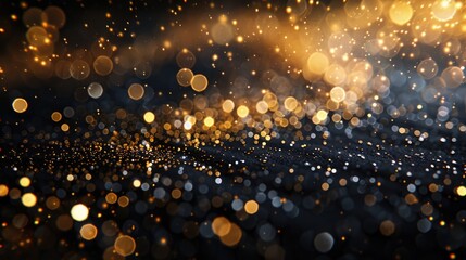 Festive background with shimmering gold sequins and beads on a glossy black surface, ideal for elegant event invitations