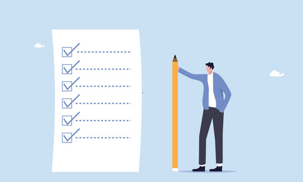 Confident businessman standing with pencil after completed all tasks checklist, checklist for work completion, review plan, business strategy or todo list for responsibility and achievement concept.
