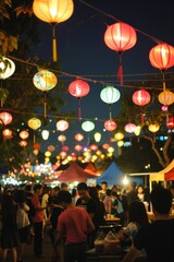 A lively night market illuminated by colorful lanterns, with street performers, food vendors, and...