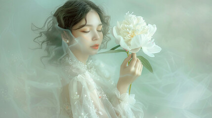 Pearl white dress and white peony create a soft, ethereal, dreamlike vision.