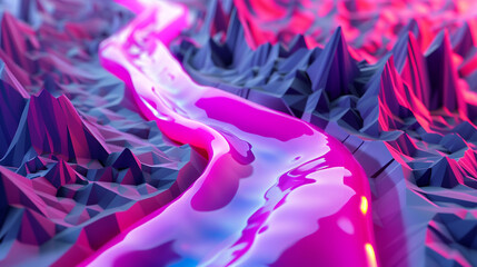Neon pink and violet 3D stream, dynamic energy through crystalline terrain.