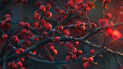 A detailed view of a tree branch adorned with crimson buds
