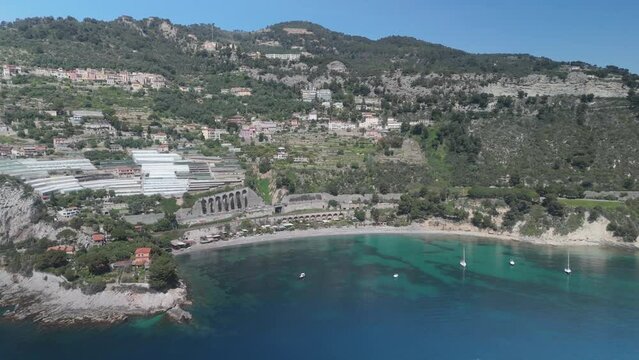 Flight over the mediterranean coastline on the border Italy France. Grimaldi (Ventimiglia)