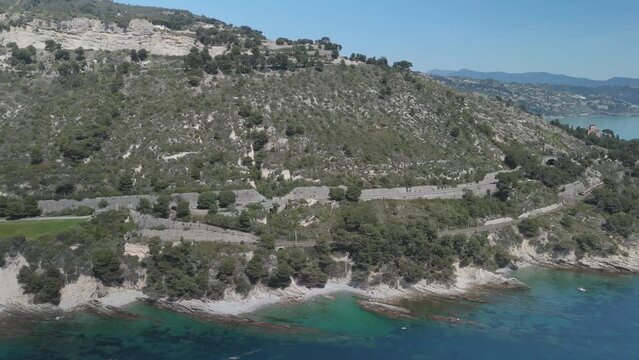 Flight over the mediterranean coastline on the border Italy France. Capo Mortola, Grimaldi