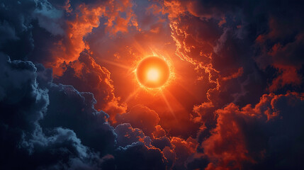 Orange sunburst through indigo, smoky gray sky captures dusk's fiery essence. - obrazy, fototapety, plakaty
