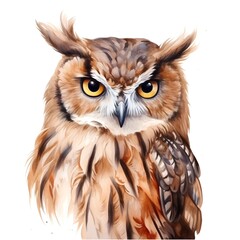 Fototapeta premium Portrait of an owl isolated on white background. Watercolor illustration.