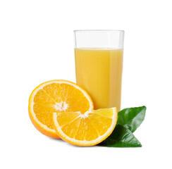 Refreshing orange juice in glass, leaves and fruits isolated on white