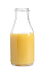 Refreshing orange juice in bottle isolated on white