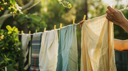 A person hanging up wet laundry on a clothesline to dry.