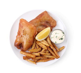 Tasty fish, chips, lemon and sauce isolated on white, top view