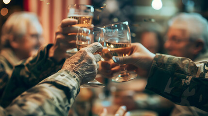 Veterans sharing a toast in honor of absent friends, a glass raised in remembrance on Memorial Day, with copy space - obrazy, fototapety, plakaty