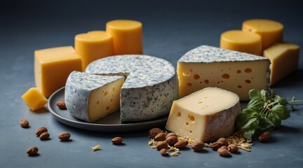 Cheese of different varieties on a gray-blue background.