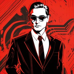 Stylish Man in Suit and Sunglasses Against Red Background