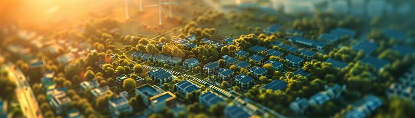 Aerial view of a city transitioning to renewable energy sources, with solar panels and wind turbines, a cleaner future.