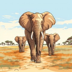 Two Elephants Walking in the Desert