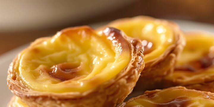 Portugese egg tarts with distinctive blistered crust and smooth yellow custard filling