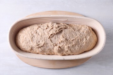 Fresh sourdough in proofing basket on light table, top view