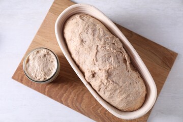 Fresh sourdough starter and dough on light table, top view