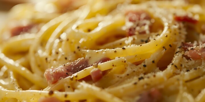 Close-up image highlighting the creamy sauce and garnishes on the al dente spaghetti carbonara, a classic Italian dish
