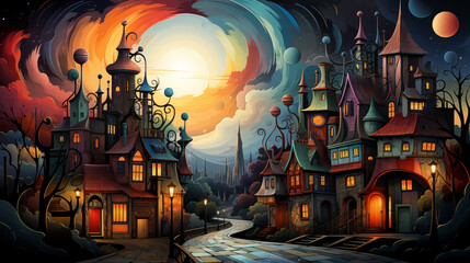 Cartoon City inspired by cubism art. Vintage Town with Triangular Shape and house. Evening Street with Fairy Artistic Sky 
