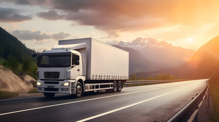 A truck on the road with sunset background  - obrazy, fototapety, plakaty