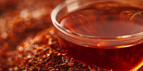 An image featuring a close-up of a bowl filled with black tea leaves alongside the brewed tea, highlighting the texture and color - obrazy, fototapety, plakaty