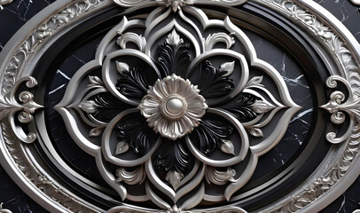 Decorative elements in the form of a frame on a black background. marble and silver . mandala
