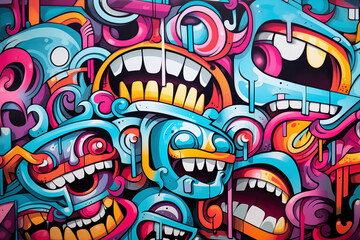Colorful Graffiti Wall With Many Different Faces