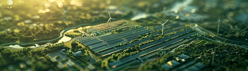 Aerial view of a city transitioning to renewable energy sources, with solar panels and wind...