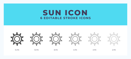 Sun icon set with different stroke. Vector illustration with editable stroke.