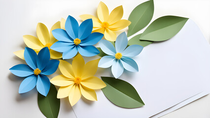Paper flower and envelope on white background, top view. Mockup for design