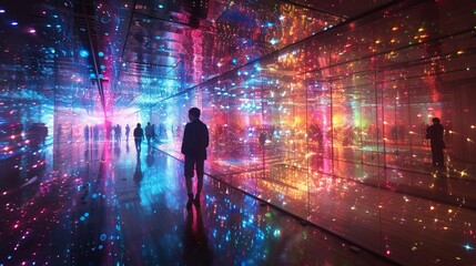 Envision a dazzling 3D display where beams of multicolor light intersect and overlap, creating a complex web of colors that is both intricate and stunning.